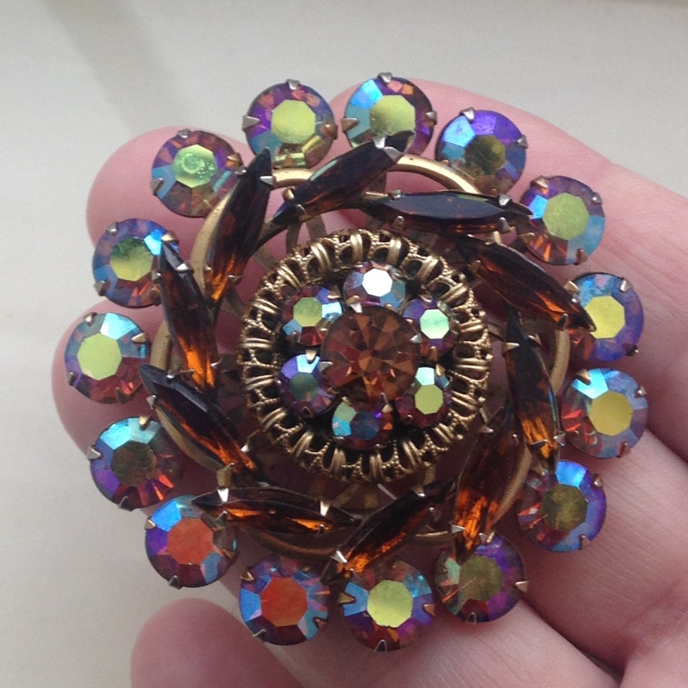 1960's large AB Citrine Rhinestone +Cognac crystal